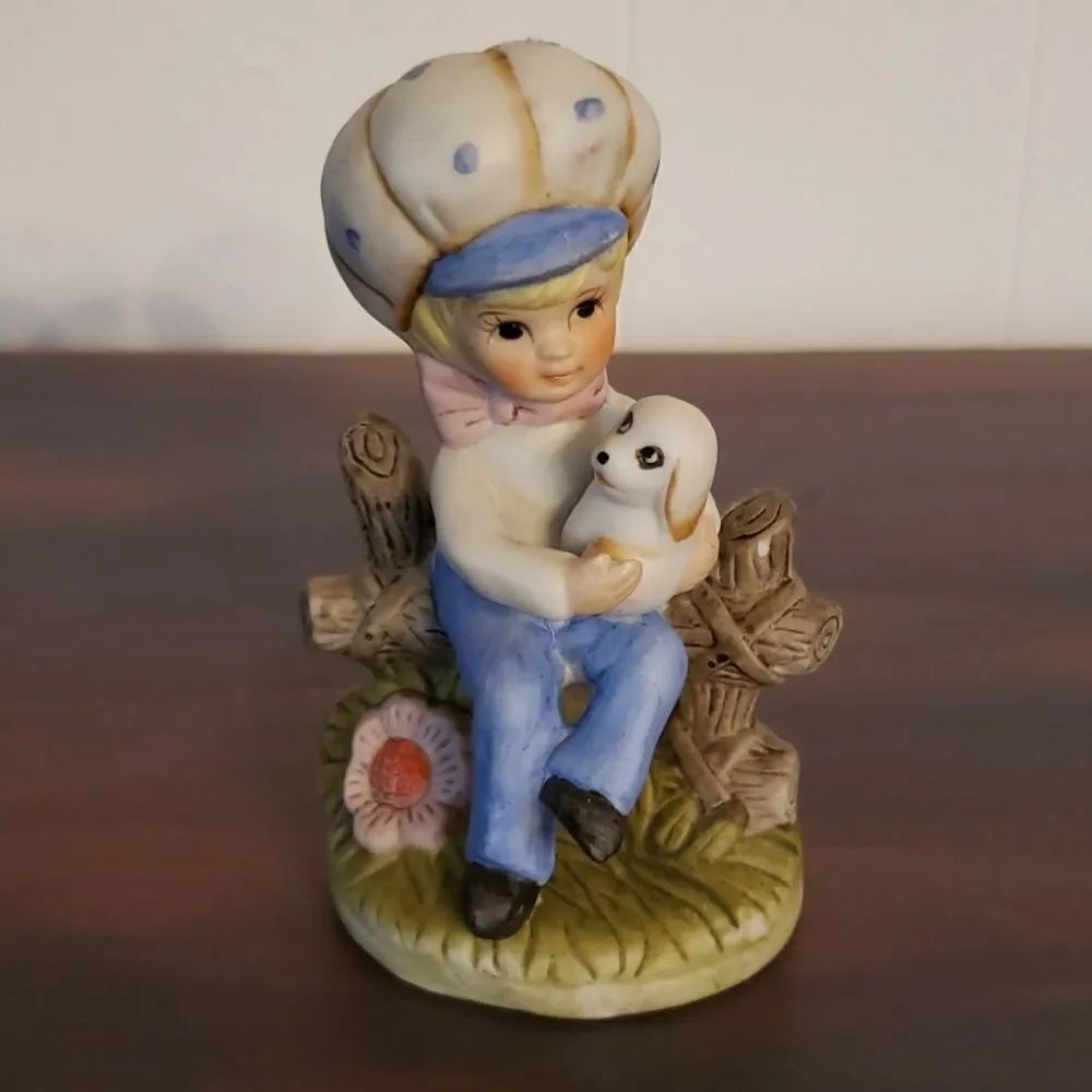 Vintage Porcelain Figurine Child & Dog on Fence